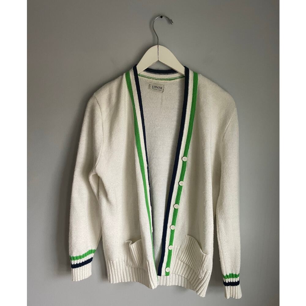 Lanza White Vintage Tennis Cardigan - Fits L/XL Varsity Retro Preppy Old Money
